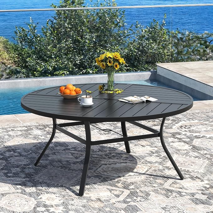 DIFY Patio Dining Set for 10, 11 Piece Outdoor Table and Chairs Set, 59.8" Black Round Metal Patio Dining Table and 10 Grey Textilene Stackable Patio Chairs, for Backyard Garden Poolside - Image 2