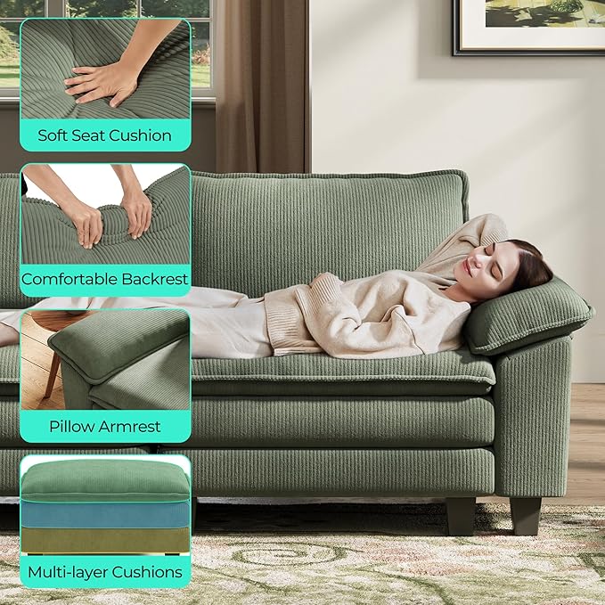 LINSY HOME Modular Sectional Sofa - 123 Inch Oversized Corduroy Cloud Couch with Movable Ottoman Soft Modern Comfy Sofa Set for Living Room Apartment Office, Green