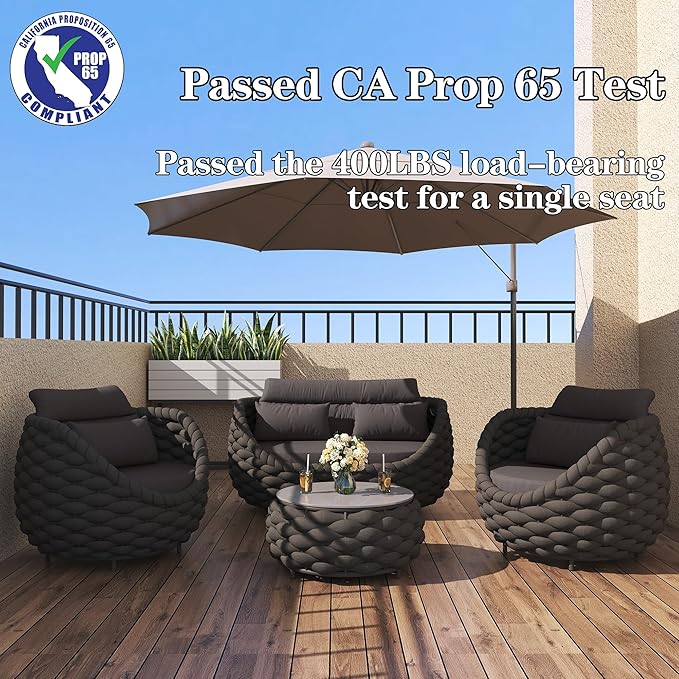 TWT 6 Pieces Patio Furniture Set, Outdoor Rope Conversation Sectional Patio Sofa with 6 Seater for Backyard, Porch, Modern Armchairs with Thickness Cushions and Side Table, Dark Grey