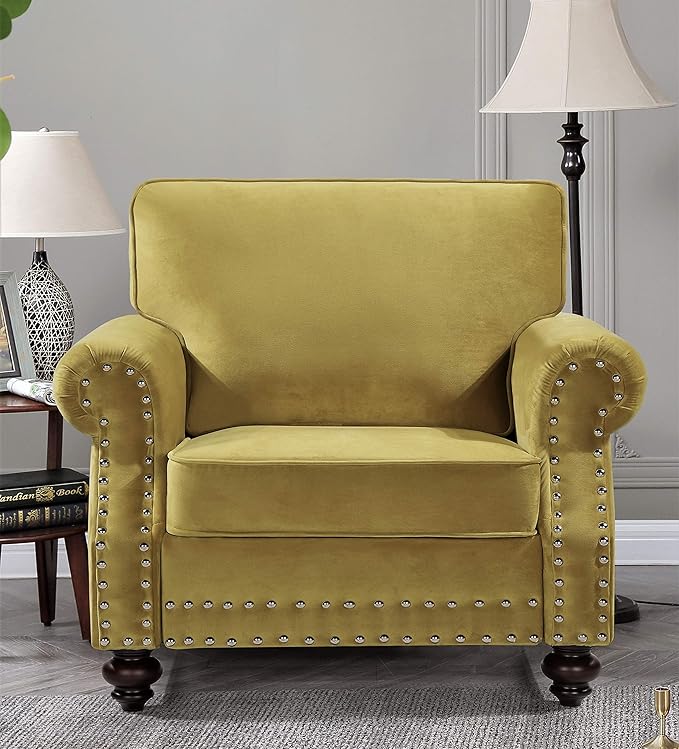 Lotus Mid Century Modern Velvet Upholstered Living Room Rolled Arms, Chair, Loveseat and Sofa, Strong Yellow