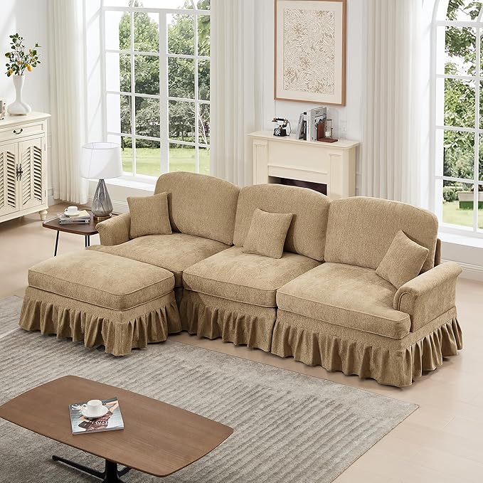 KEIKI Mid Century Modular Sofa with Flared Arms and Skirted Design, 107” Oversized 3-Seater with Ottoman Chenille L-Shaped Sectional Couches for Living Room, Chaise Lounge Indoor, Light Coffee