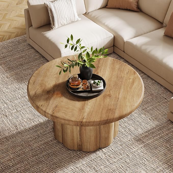 Tribesigns 31.5" Round Coffee Table for Living Room, Farmhouse Circle Center Cocktail Table with Fluted Drum Base, Wooden Living Room Furniture for Apartment, Small Space, Brown