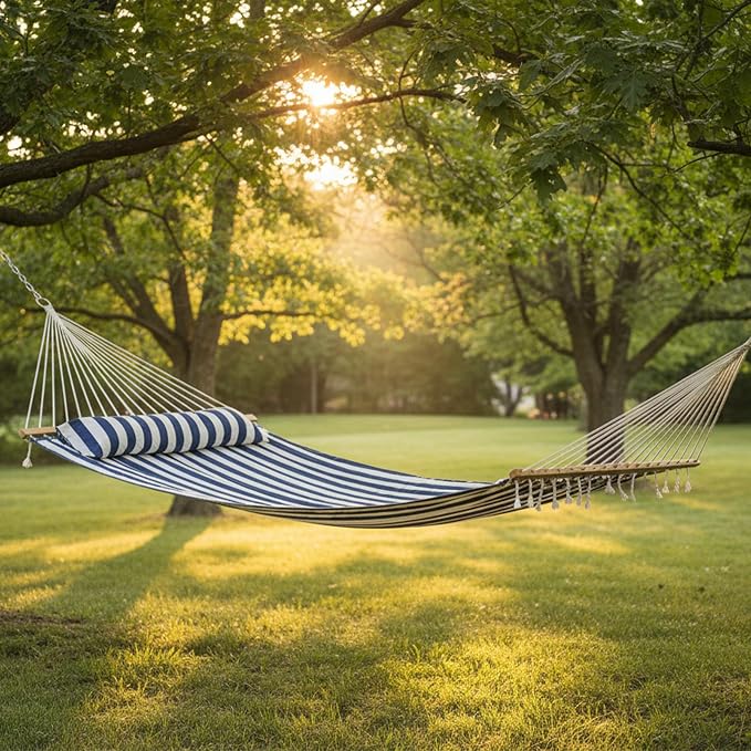 Sunnydaze Quilted Double Hammock for Outside with Spreader Bars and Pillow - 450 lb Capacity, 74x55 Inch Bed, UV Resistant, Quick Dry - Chains Included, Stand Sold Separately - Blue & White Stripe - Image 8