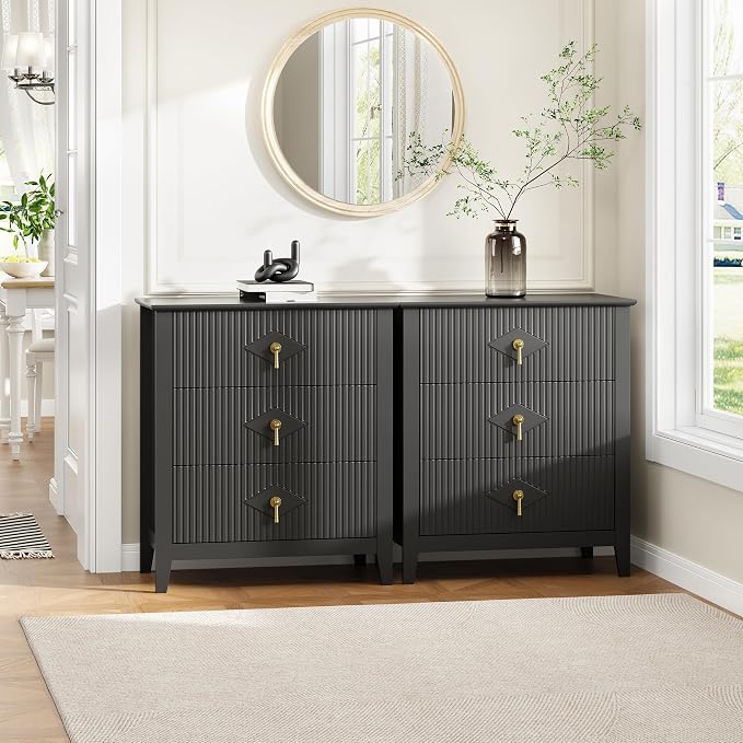 GarveeHome Wood Nightstand Fluted Dresser for Bedroom, 27.5" Wide 3-Drawer Bedside Tables, Modern Chest of Drawers, Storage End Table Living Room, Hallway, Entryway, Black - Image 7