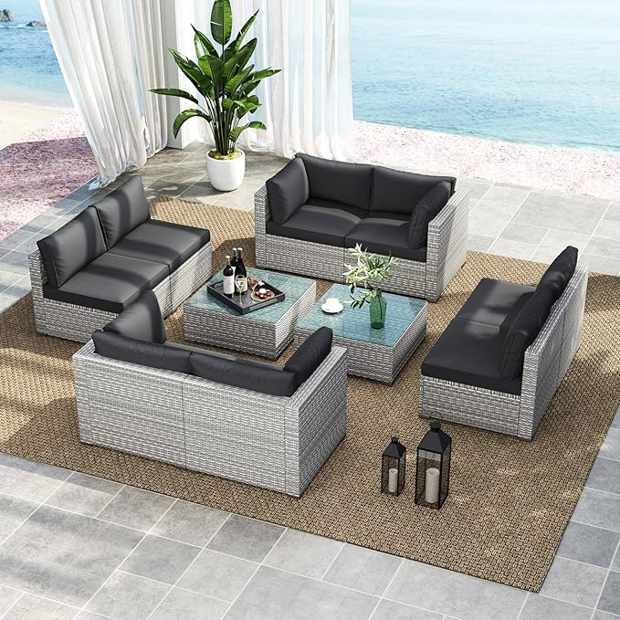 Tangkula 10-Piece Outdoor Patio Sectional Sofa Couch, PE Rattan Conversation Set w/Glass Coffee Table & Cushions, Outdoor Furniture Set w/Sturdy Metal Frame for Garden Poolside Backyard
