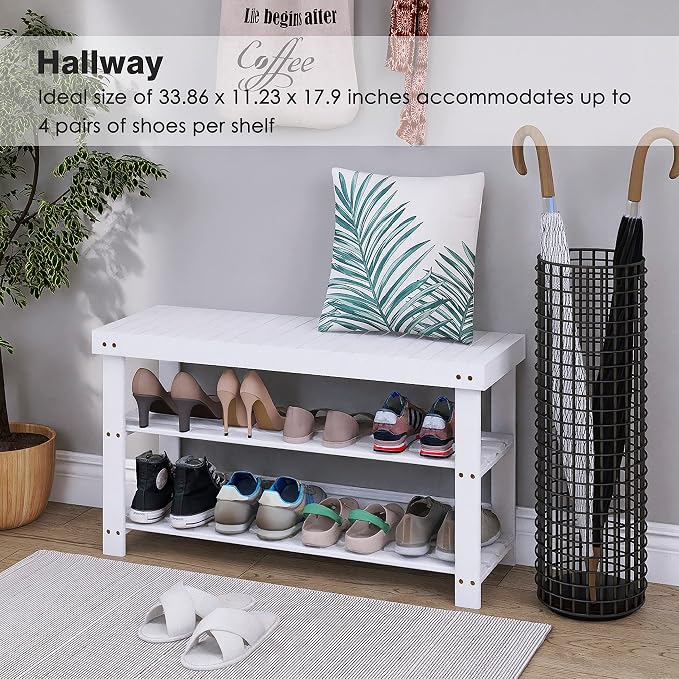 SMIBUY Bamboo Shoe Rack Bench, 3-Tier Shoe Organizer Storage Shelf for Entryway Hallway Bathroom Living Room (White) - Image 4