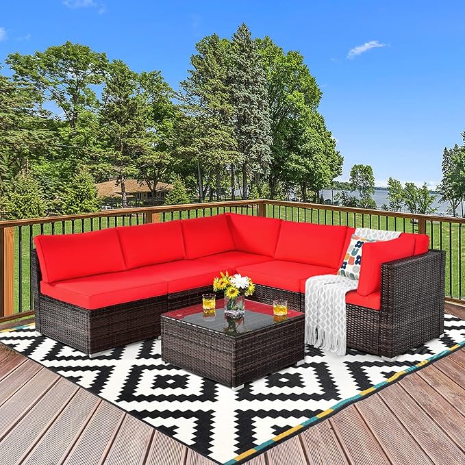 Tangkula 6 Pieces Patio Furniture Set, Outdoor Wicker Conversation Set with Glass Coffee Table, Wicker Sofa Set with Cushions, Rattan Sectional Conversation Set for Backyard Garden Poolside, Red