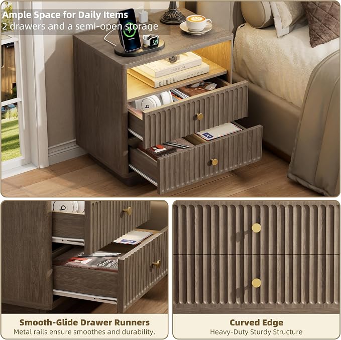 PAPROOS 23'' Fluted Nightstand with Charging Station, Modern Bedside Table with Motion Sensor LED Light, 2-Drawer Storage Cabinet for Bedroom & Home Office (1 pc Brown Gray) - Image 5