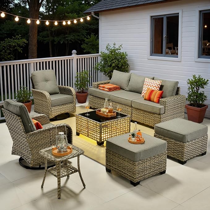 ovios 9 Piece Patio Sectional Furniture with Swivel Rocking Chairs, Rattan Wicker Coversation Set with Glowing Coffee Table, Outdoor Sofa Set for Outside Porch Balcony Backyard Pool, Dark Grey