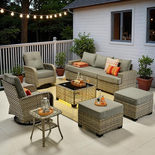 ovios 9 Piece Patio Sectional Furniture with Swivel Rocking Chairs, Rattan Wicker Coversation Set with Glowing Coffee Table, Outdoor Sofa Set for Outside Porch Balcony Backyard Pool, Dark Grey