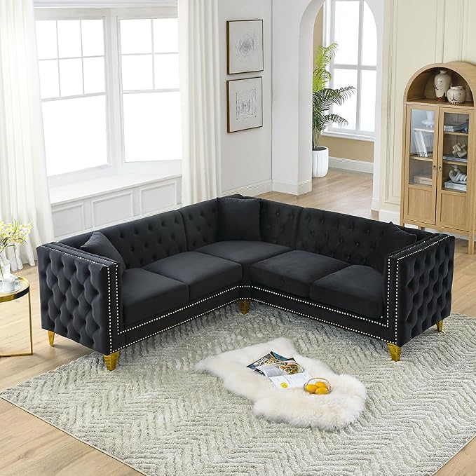 KEIKI 82.2" Tufted Velvet Corner Sofa, 5 Seat Couch, L-Shaped Sectional Couch for Living Room, Buttons Tufted Square Arm Couch for Home Apartment, Black