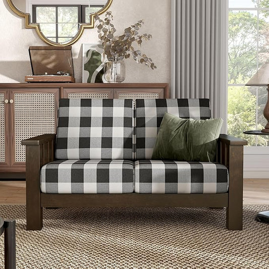 Furniture of America Gavik Modern Solid Wood Loveseat with Plaid Removable Cushions, Black and White Upholstery Fabric, Wooden Comfortable Couch, Upholstered Seating for Living Room, Dark Walnut