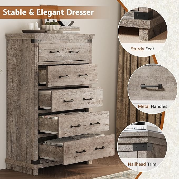 AMERLIFE 5 Pieces Farmhouse Bedroom Set, Includes Rustic Queen Bed Frame with 54" Tall Headboard, 6 Drawer Dresser, 5 Drawer Tall Chest, Nightstands Set of 2 with Charging Station, Rustic Grey