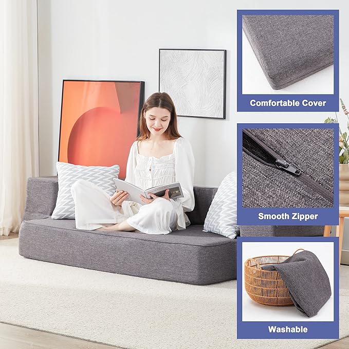 Floor Sofa Bed, Convertible Sleeper Lounge Couch Folding Mattress with 2 Pillows & Washable Cover for Living Room, Guest, Playroom, Queen