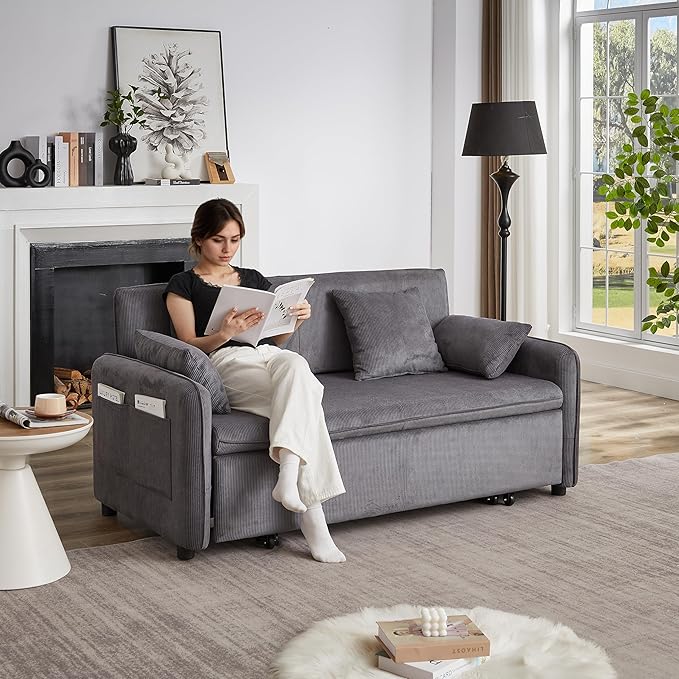 Ball & Cast 66" Convertible Sofa Bed,3-in-1 Corduroy Loveseat Sleeper Pull Out Couch Bed with Pillows and Side Pockets, Deep Seat Comfy Sofa Couches for Living Room,Apartment,Grey