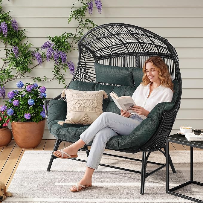 IRONCK Egg Chair Outdoor, Double Wicker Egg Lounge Chair, Upgraded Feet, Handrest and Padded Cushion, 700Lbs, Oversized Loveseat for Backyard, Patio, Living Room, Dark Green - Image 3