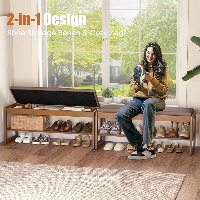 Shoe Storage Bench with Cushion - 2-Tier Shoe Rack Entryway Bench with Flip-Top Storage, Walnut Wooden Shoes Benches Organizer for Entryway, Hallway, Living Room, Bedroom, Closet(Walnut, 39.4" W) - Image 3