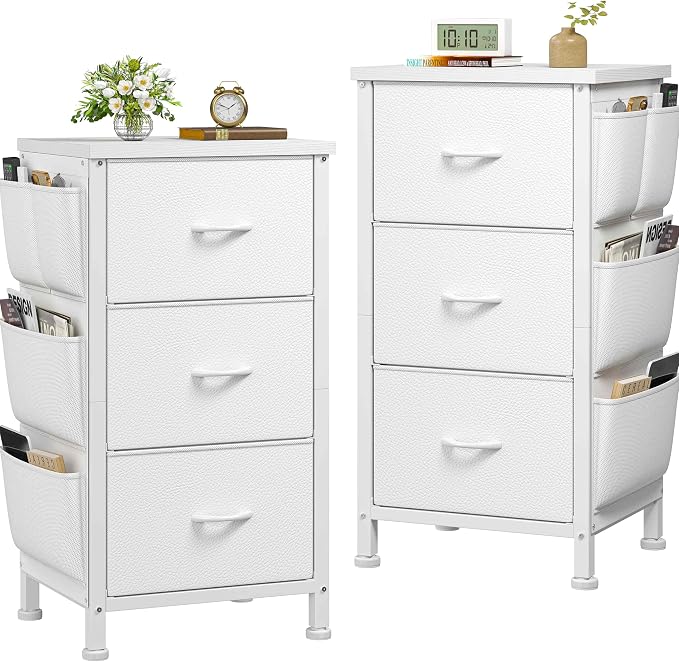 EnHomee Night Stand Set 2, Night Stand with Drawers for Bedroom, Bedside Table with Wooden Top, Sturdy Steel Frame End Table, Dorm Nightstand for Bedroom, Entryway, Hallway, Closet, Cloth Bags,White by EnHomee