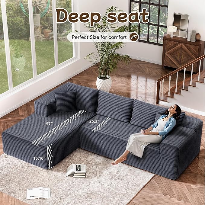 L-Shape Cloud Sectional Sofa, 104” Modern Modular Boneless Couch with Right Chaise Lounge, Compressed Floor Sofa with 5 Pillows & Deep Seat, Flannel Velvet Couch for Living Room, Dark Gray
