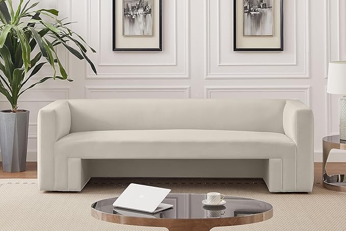 Meridian Furniture 665Cream-S Henson Collection Modern | Contemporary Velvet Upholstered Sofa with Rich Cream Velvet, Solid Wood Frame, 89.5" W x 34.5" D x 28" H, Cream