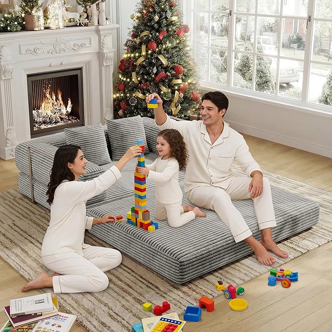 4 in 1 Futon Sofa Bed Queen Size - Foldable Convertible Sleeper Sofa Couch with L-Shaped Support, Removable Washable Floor Space Saving for Bedroom & Dorm (Light Gray, 53.15" Double Sofa)