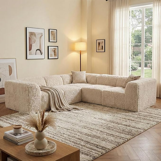 Furniture of America Havyn Modern Faux Fur 5-Seater L-Shaped Modular Foam Sectional Sofa, Compressed Couch in a Box, No Assembly Required, for Living Room and Office, Sand