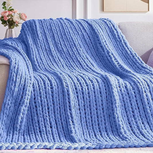 Negwoo Chunky Knit Throw Blanket, 80''*90'' Knitted Throw Chenille Yarn for Bed Couch, Handmade Light Blue Crochet Big Thick Blanket, Machine Washable Cute Comfy Blanket for Home Decor