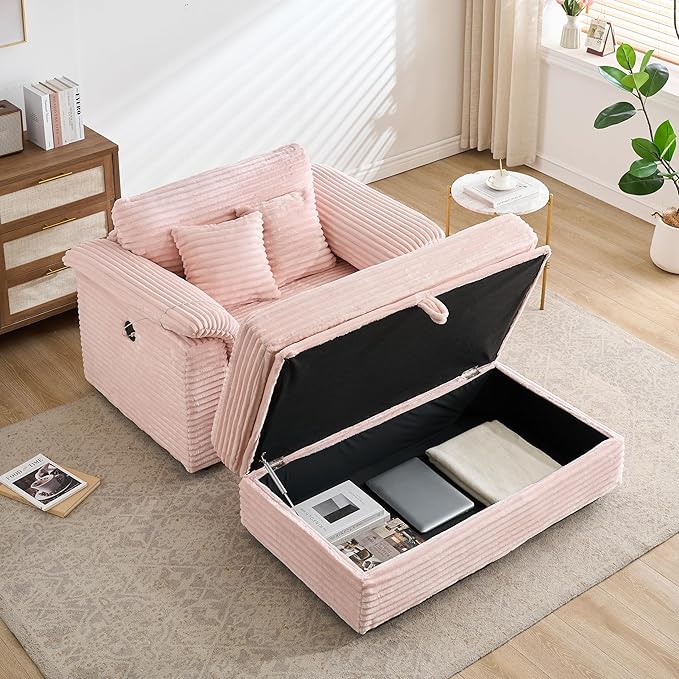 KEIKI 47.24 inch Corduroy Sofa, Wide Corduroy Armchair with Storage Feet and 2 Throw Pillows, Sleeper Couch for Living Room, Apartment, Salon, Home Theater, Pink