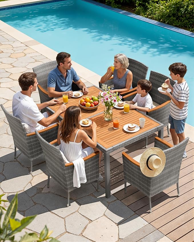 Flamaker 7 Piece Patio Dining Set Outdoor Acacia Wood Table and Chairs with Soft Cushions Wicker Patio Furniture for Deck, Backyard, Garden (Grey) - Image 3