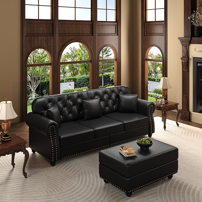 KEIKI 83" Faux Leather Chesterfield Sofa with Rolled Arms & Nailhead Trim & 1 Ottoman, 3-Seater Button Tufted Couch with High Resilience Cushion & 3 Pillow, Easy Assembly, for Living Room, Black