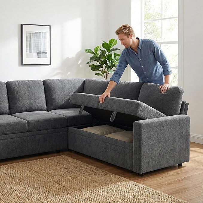 5-Seater Large Sectional Couch with Pull Out Bed, L Shaped Chenille Sofa with Storage, Convertible Modular Sofa, for Living Room, Apartment, Gray