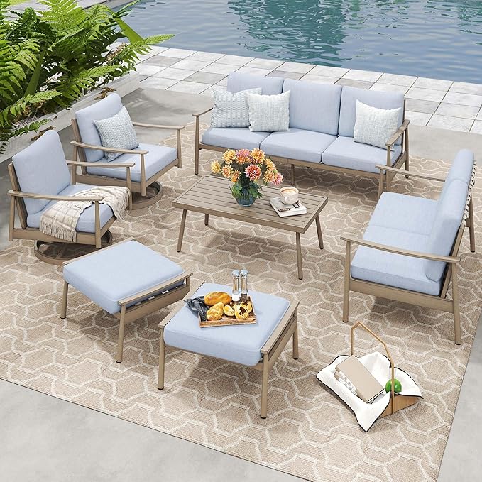 HAPPATIO Patio Outdoor Furniture Set - 7 Pieces Aluminum Outdoor Conversation Set Includes 1 Three-Seater Sofa, 1 Loveseat, 1 Coffee Table, 2 Swivel Chairs and 2 Ottomans for Porch, Lawn (Brown)