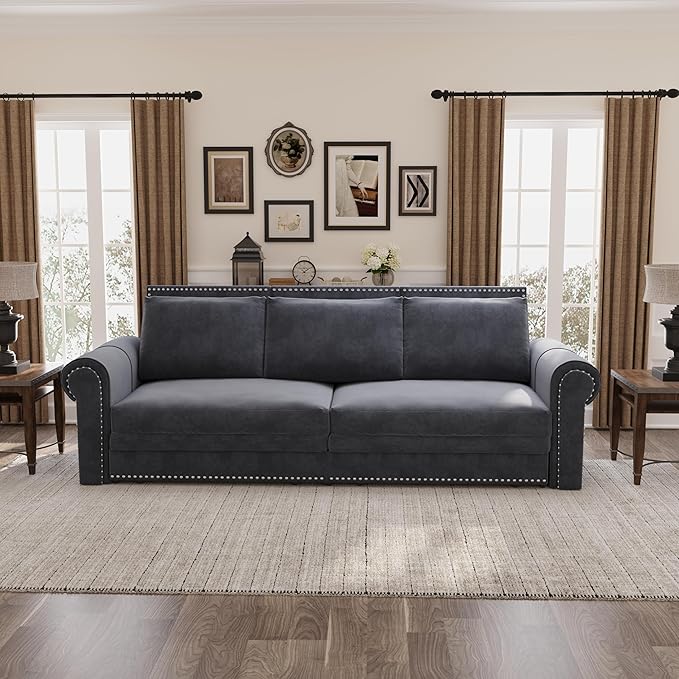 Eafurn 93.7" King Size Pull Out Sofa Bed, 3-in-1 Convertible Sleeper Sofa Couch Bed with Nailhead Decor and Rolled Arms, Velvet Oversized Chesterfield Loveseat Chaise Lounge