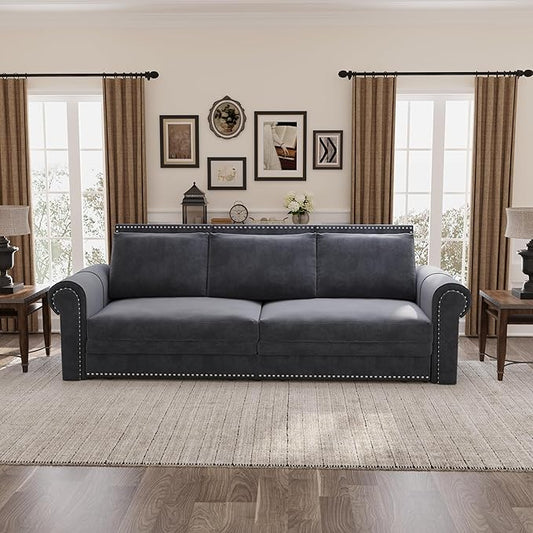 Eafurn 93.7" King Size Pull Out Sofa Bed, 3-in-1 Convertible Sleeper Sofa Couch Bed with Nailhead Decor and Rolled Arms, Velvet Oversized Chesterfield Loveseat Chaise Lounge