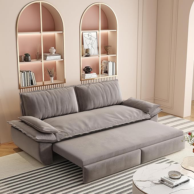 3-in-1 Convertible Sofa Bed Queen Size Pull Out Sleeper Sofa with Heavy Duty Metal Frame, Luxurious Velvet Upholstered Loveseat with 2 Pillows, Modern Folding Guest Bed for Living Room, Apartment
