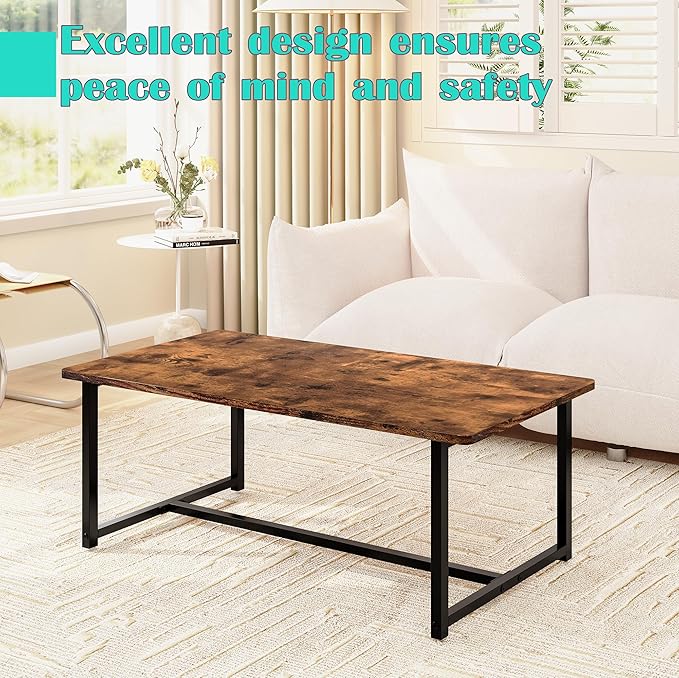 Coffee Table for Living Room, Modern Rectangular Center Coffee Tables for Small Space, Industrial Furniture, Sofa End Tables/Tea Table/Center Table, Couch Table with Metal Black Frame Rustic Brown