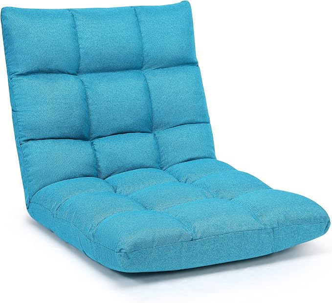 Giantex Adjustable Floor Gaming Sofa Chair 14-Position Cushioned Folding Lazy Recliner High Resilience Sponge, Breathable Cotton & Linen Fabric Sleeper Bed Couch Recliner with Removable Cover