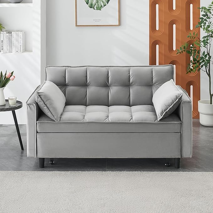 55" Modern Velvet Loveseat Sleeper Sofa, 3-in-1 Convertible Pull-Out Bed with Adjustable Backrest, 2 Pillows & Side Pockets, Small Pull Out Couch for Living Room, Apartment(Gray)