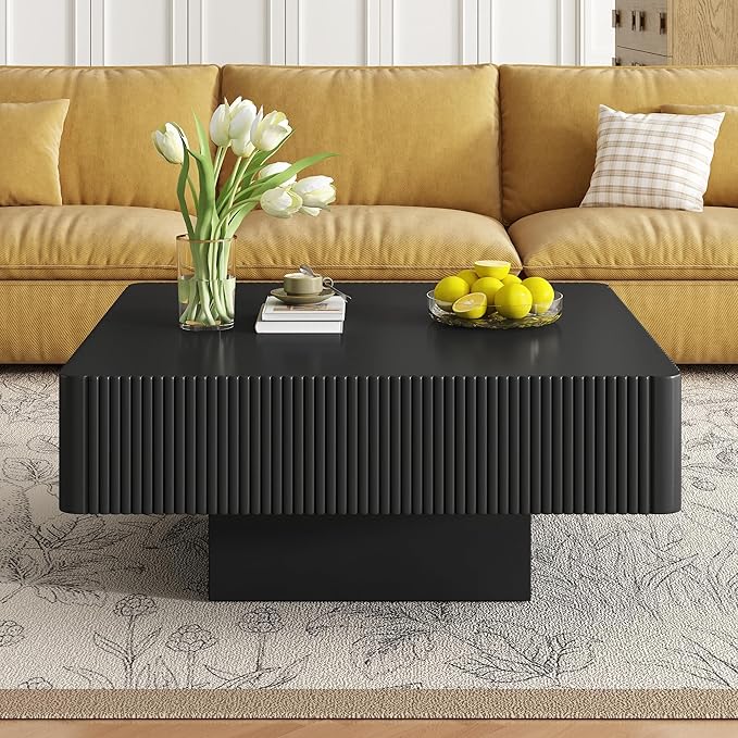 Merax Modern 31.6" W Square Coffee Table with Sturdy Base, Wood Center Tables for Living Room Reception Room, Easy Assemble, Black