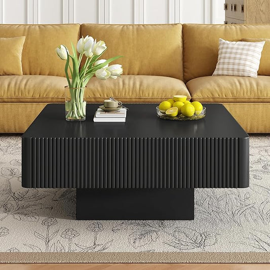 Merax Modern 31.6" W Square Coffee Table with Sturdy Base, Wood Center Tables for Living Room Reception Room, Easy Assemble, Black