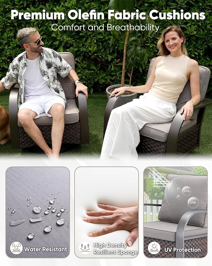 HUMMUH Patio Swivel Glider Outdoor Chair-All Weather Rattan Wicker Patio Swivel Rocking Chairs Porch Chair for Deck Porch Lawn Garden Backyard-Brown/Grey