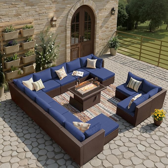 BULEXYARD 15 Piece Highback Wicker Patio Furniture Sets with Firepit, All-Weather Heavy Duty Outdoor Conversation Set Modular, Extra Deep Wide 14-Seats Sectional Couch Sofa for Backyard, Brown & Blue