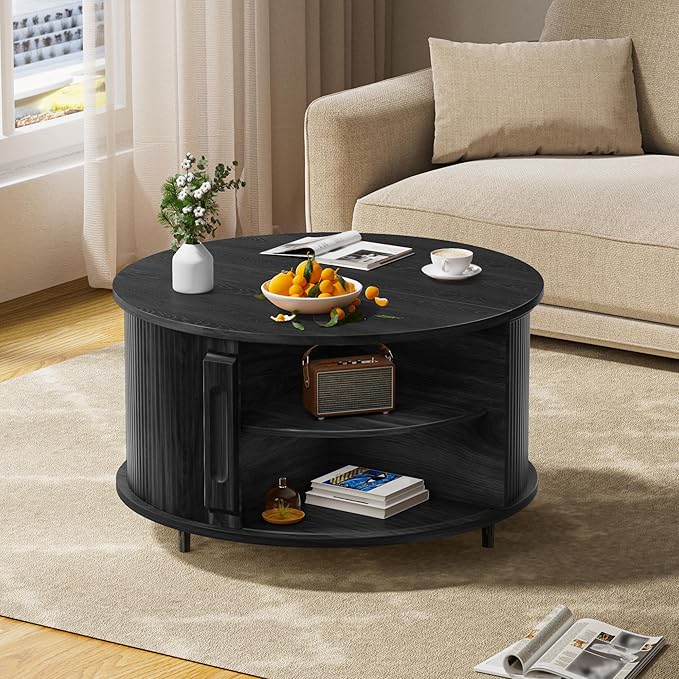 Round Lift Top Coffee Table, 31.5" Fluted Wood Accent Coffee Table with 180° Curved Sliding Door, Hidden Storage, Mid Century Modern Center Table for Living Room Office Small Spaces, Black