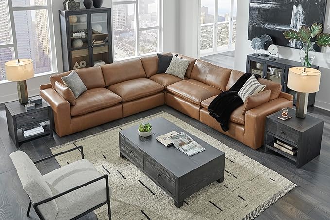 Signature Design by Ashley Emilia Modern Modular Leather Match 5-Piece Sectional with Loose Back Cushions and 2 Bolster Pillows, Light Brown