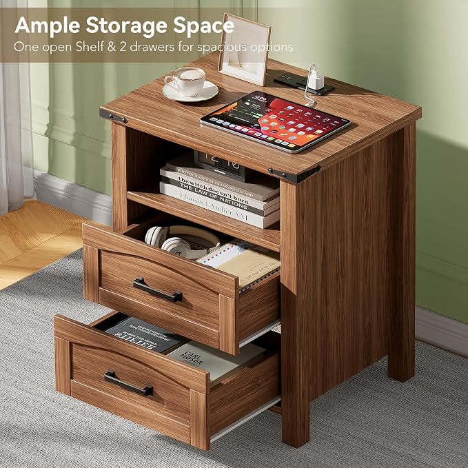Decofy Farmhouse Nightstand Set of 2 with Charging Station, 18'' Wide Rustic End Table with USB/Type-C Ports, 2 Drawers & Open Shelf, Wood Bedside Table for Bedroom, Walnut - Image 4
