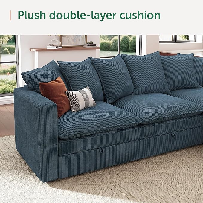 HONBAY Modular Sectional Sofa with Ottoman, 7 Seat U Shaped Couch with Storage & Pillows, 137 Inch Oversized Sectional Sofa for Living Room, Blue