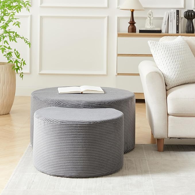 kevinplus 49.7'' Foam Round Nesting Coffee Table Set of 2, Modern Upholstered Side End Table Ottoman Footrest, No Assembly, Gray