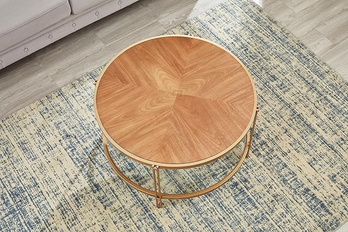 32" Round Wood Coffee Table with Glass Bottom, Circle Coffee Table with Wood Top ＆ Metal Frame, Small Center Table for Living Room, Apartment (32" Dx32 Wx18 H, Gold)
