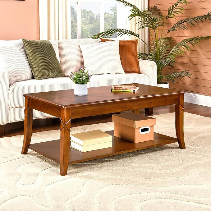 MODERION Solid Wood Coffee Table with Storage Shelf, Mid-Century Living Room Table with Wood Carved Tabletop and Leg, 43.3” Splicing Cocktail Center Table,Easy Assembly, Cherry Brown KFZ-DR200