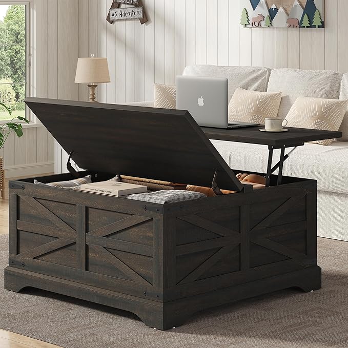 Furnideco 35.5''W Square Coffee Table Farmhouse Lift top Coffee Table with Large Hidden Storage, Wood Center Table for Living Room, Home Office, Dark Brown